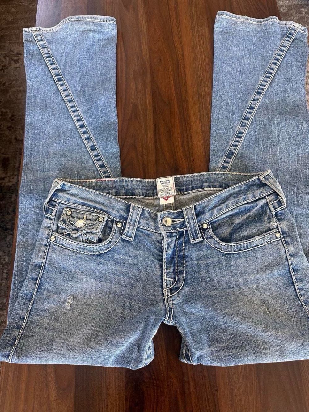 True Religion Light Blue Bootcut Jeans with Signature Back Pockets and Gemstones - Picture 2 of 6